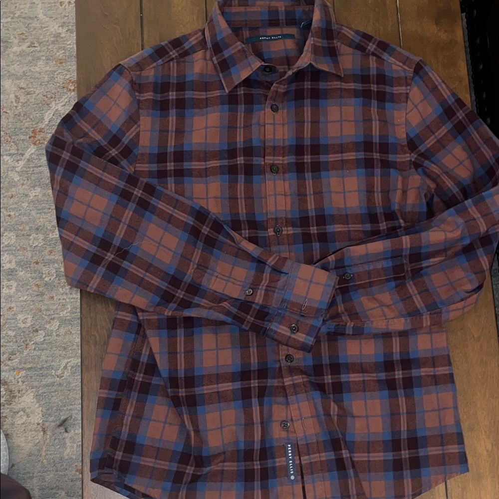 Perry Ellis Men's Plaid Shirt in Brown and Blue